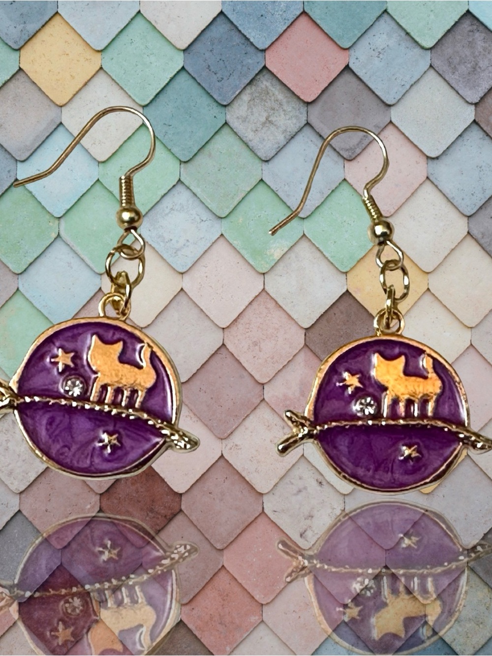Gold-Tone Purple Cat Planet Drop Earrings